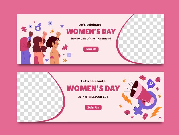 Flat horizontal banner template for international women's day celebration