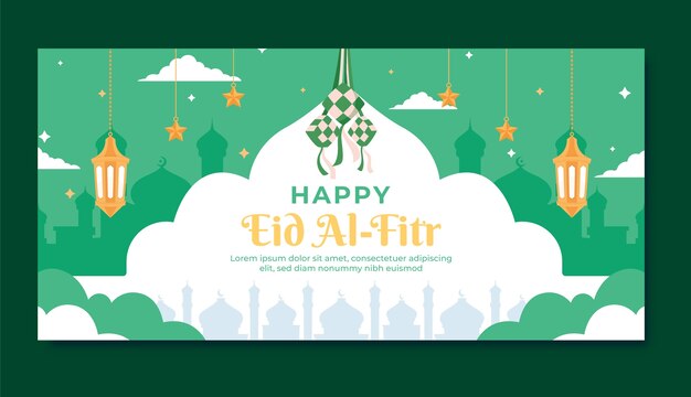 Flat horizontal banner template for islamic eid al-fitr celebration