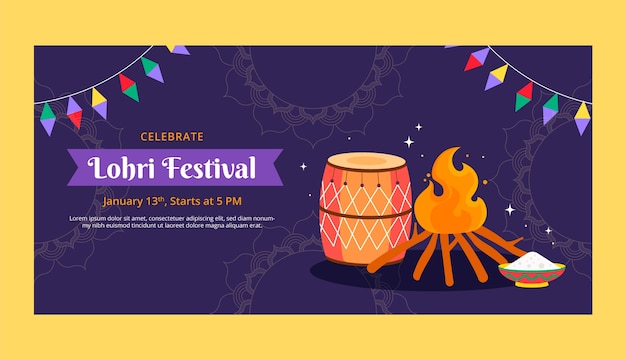 Free Vector flat horizontal banner template for lohri festival celebration