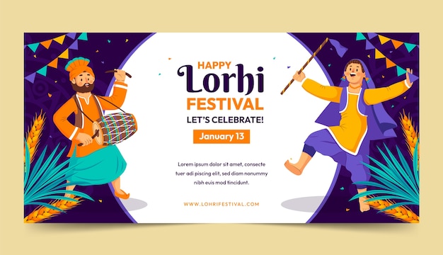 Free Vector flat horizontal banner template for lohri festival celebration