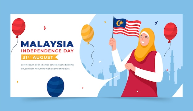 Free vector flat horizontal banner template for malaysia independence day celebration