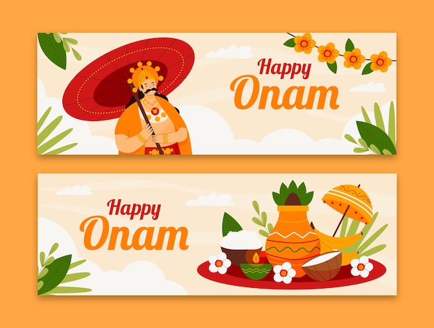 Free Vector flat horizontal banner template for onam festival celebration