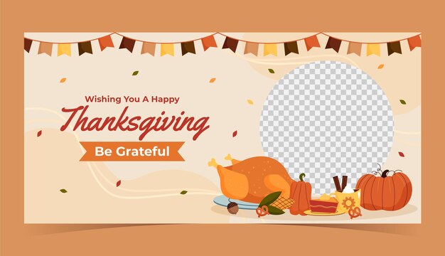 Flat horizontal banner template for thanksgiving with turkey and bunting