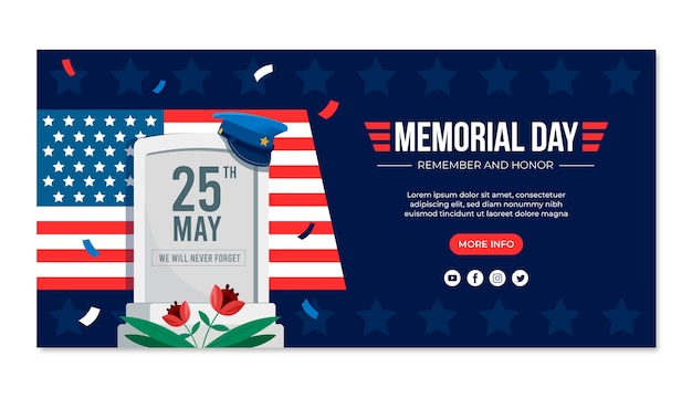 Free Vector flat horizontal banner template for usa memorial day celebration