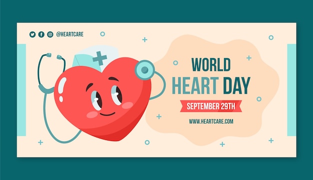 Flat horizontal banner template for world heart day awareness