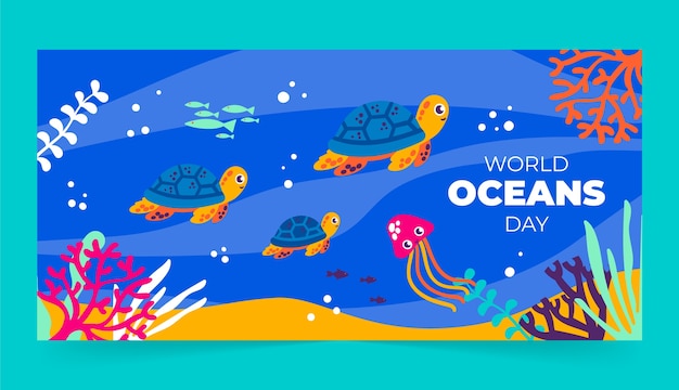 Flat horizontal banner template for world oceans day with aquatic creatures