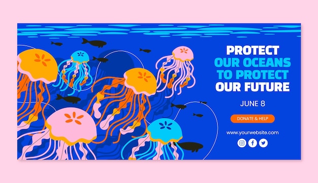 Flat horizontal banner template for world oceans day with aquatic creatures