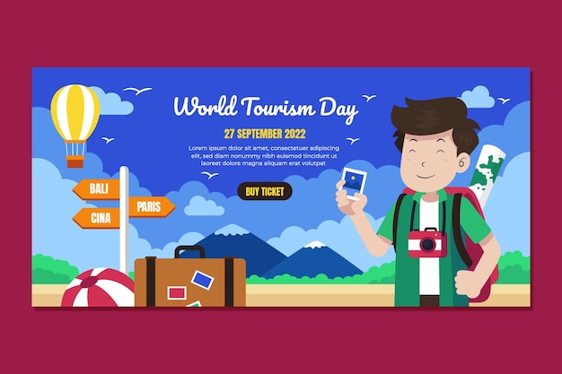 Flat horizontal banner template for world tourism day celebration