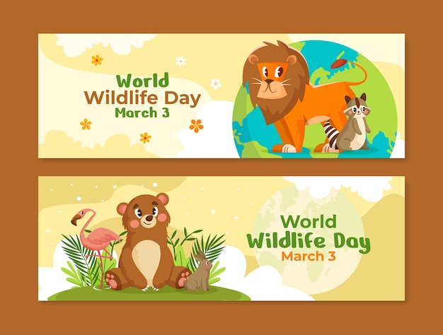 Flat horizontal banner template for world wildlife day with flora and fauna