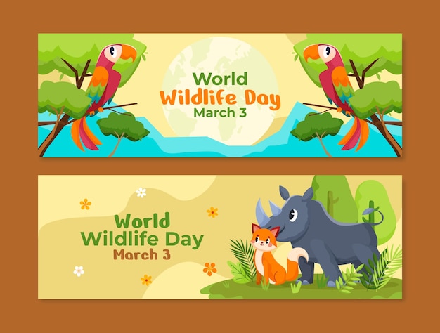 Flat horizontal banner template for world wildlife day with flora and fauna