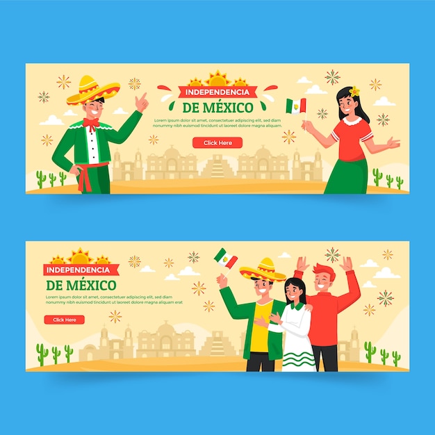 Flat horizontal banners collection for mexico independence celebration