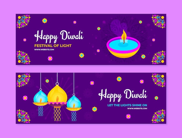 Flat horizontal banners set for diwali celebration