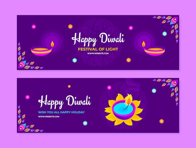 Flat horizontal banners set for diwali celebration