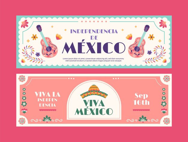 Flat horizontal banners set for mexico independance celebration