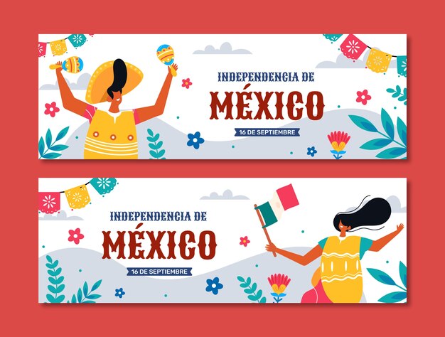 Flat horizontal banners set for mexico independance celebration