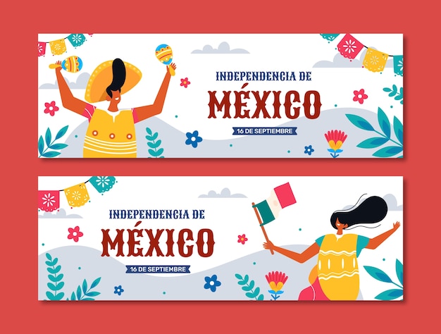 Flat horizontal banners set for mexico independance celebration