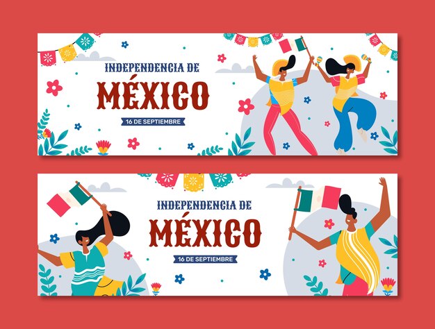 Flat horizontal banners set for mexico independance celebration