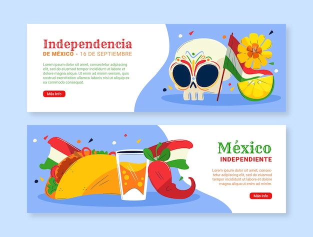 Flat horizontal banners set for mexico independance celebration