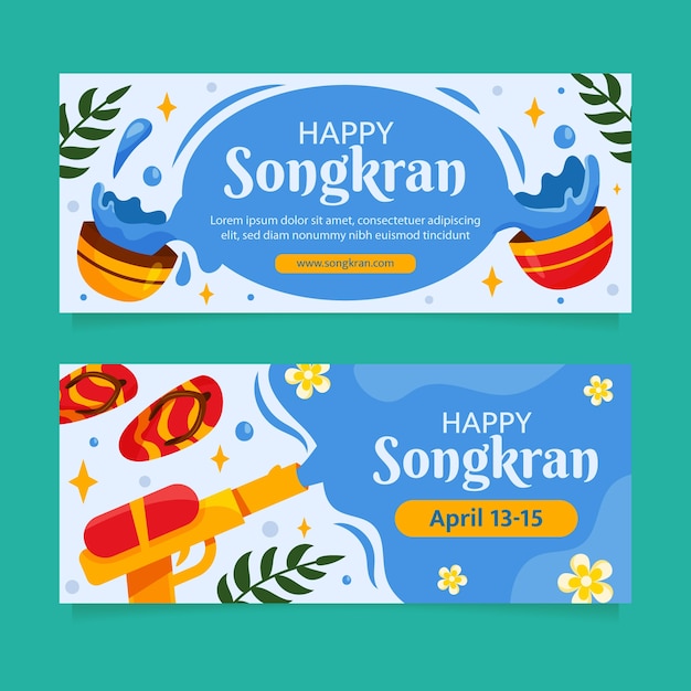 Flat horizontal banners set for songkran water festival celebration