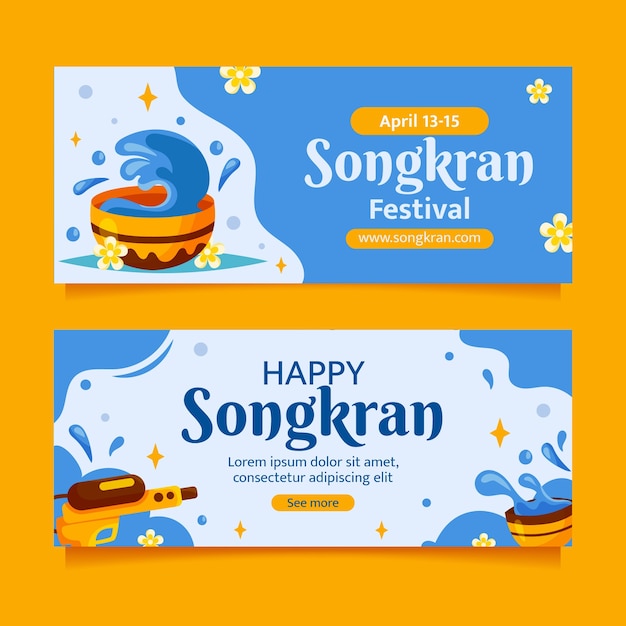 Flat horizontal banners set for songkran water festival celebration