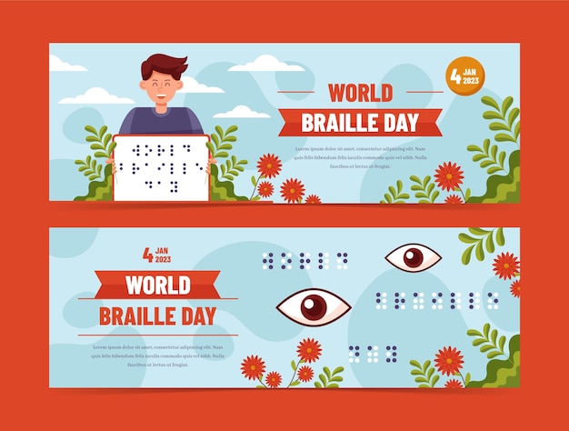 Free vector flat horizontal banners set for world braille day celebration