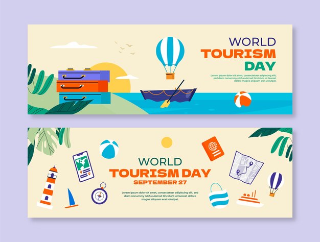 Flat horizontal banners set for world tourism day celebration