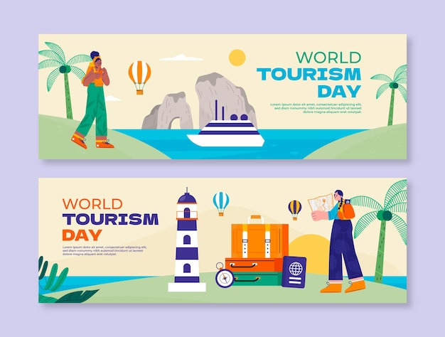 Flat horizontal banners set for world tourism day celebration