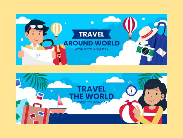 Flat horizontal banners set for world tourism day celebration