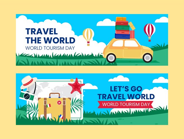 Flat horizontal banners set for world tourism day celebration