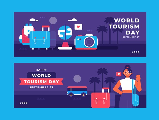 Flat horizontal banners set for world tourism day celebration