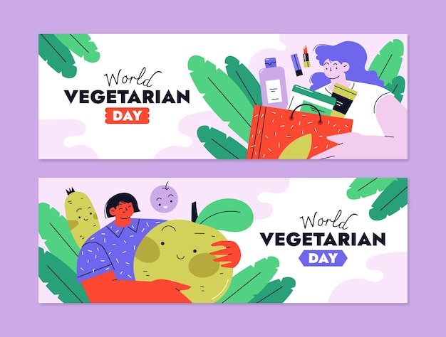 Flat horizontal banners set for world vegetarian day