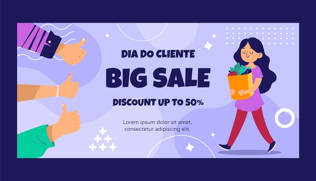 Flat horizontal sale banner template for dia do cliente