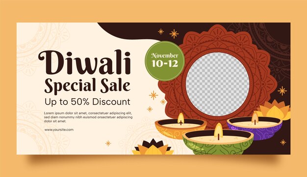 Flat horizontal sale banner template for diwali festival celebration