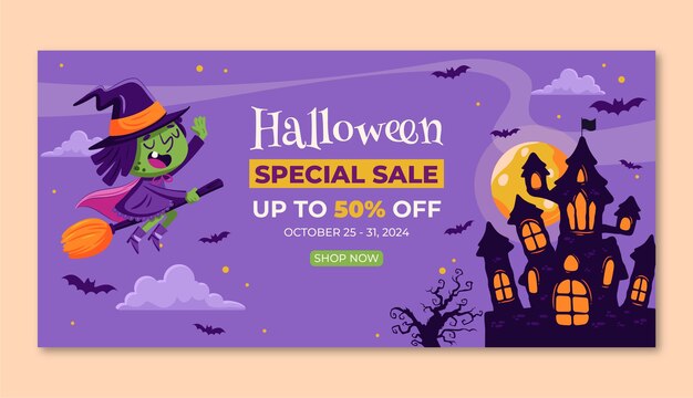 Flat horizontal sale banner template for halloween season celebration