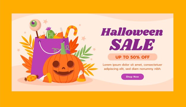 Flat horizontal sale banner template for halloween season celebration