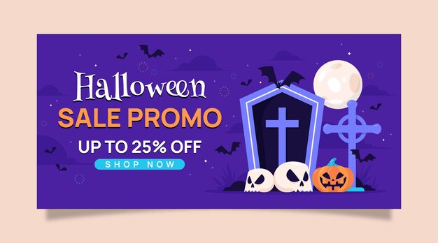 Flat horizontal sale banner template for halloween season celebration