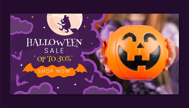 Flat horizontal sale banner template for halloween season