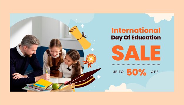 Flat horizontal sale banner template for international day of education