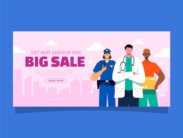 Free Vector flat horizontal sale banner template for may 1st labour day