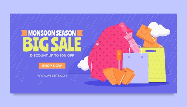 Free vector flat horizontal sale banner template for monsoon season