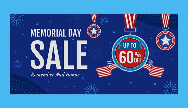 Flat horizontal sale banner template for usa memorial day holiday