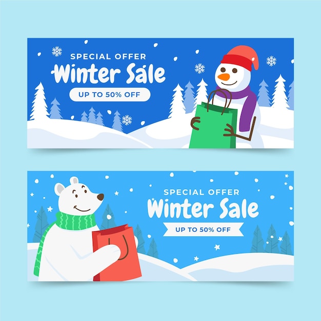 Flat horizontal winter sale banners set with polar bear and snowman