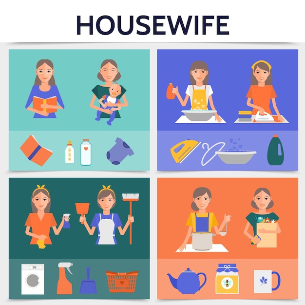 Flat housewife life square concept with cleaning shopping washing cooking ironing works mother