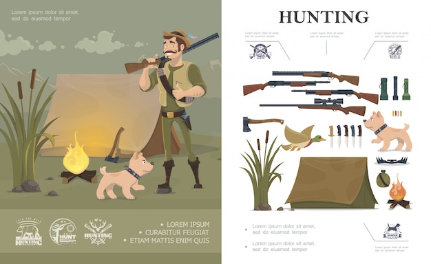 Flat hunting composition with hunter and dog near tent emblems weapon flashlights duck ax bullets trap bottle bonfire