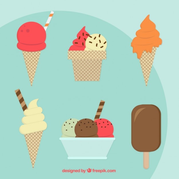 Free Vector flat ice-cream scoops and ice-creams with wafer