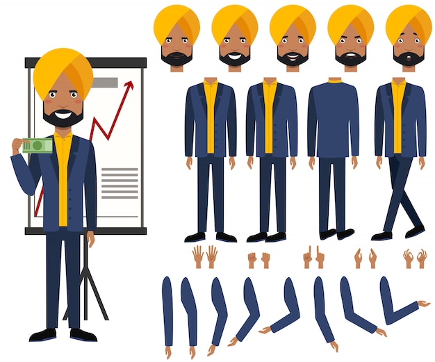 Flat icons set of Indian business man views, poses and emotions