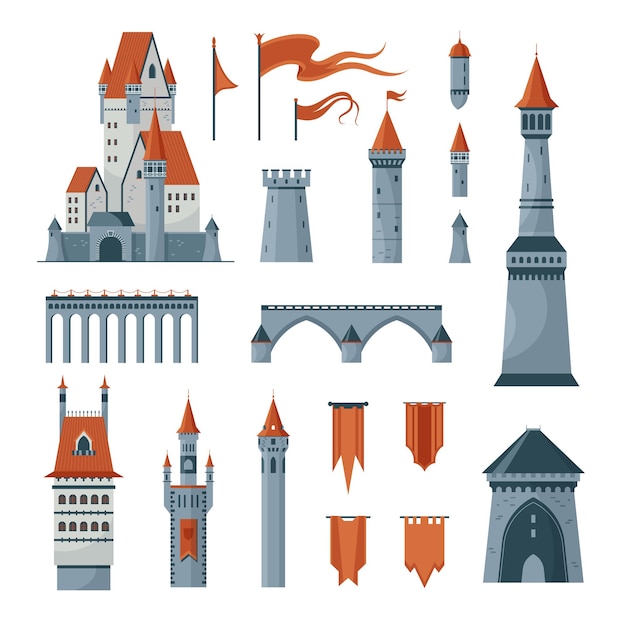 Free Vector flat icons set of medieval castle towers flags isolated on white background illustration