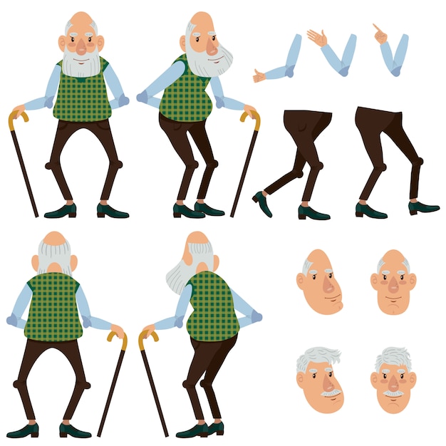 Free Vector flat icons set of old man with stick