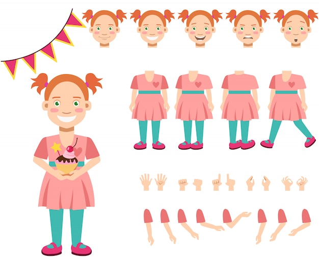 Flat icons set of smiling girl with cupcake