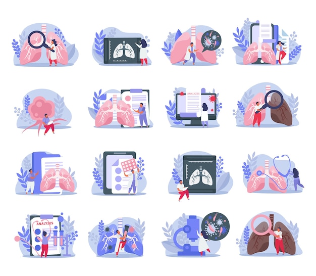 Free vector flat icons set with medical equipment for lung inspection and doctors isolated vector illustration